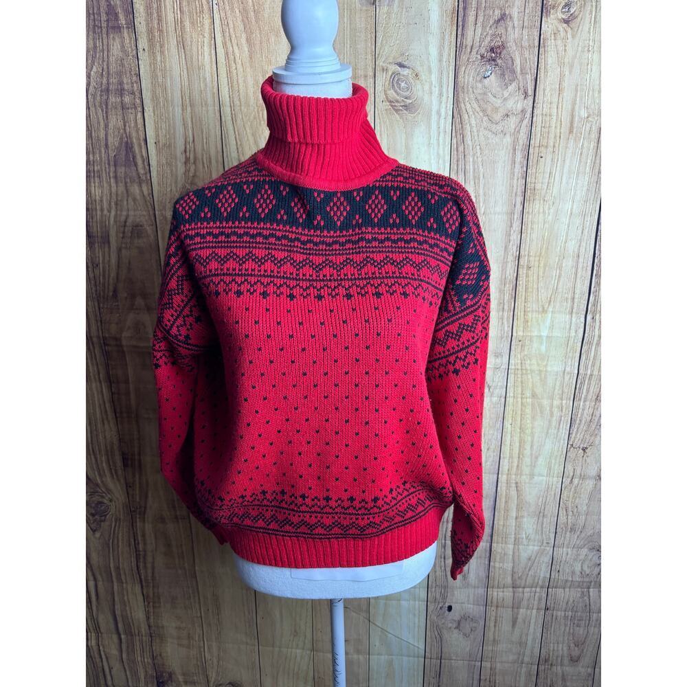 Vintage Boundary Waters Fair Isle Turtleneck Sweater Red Black Women's Size M